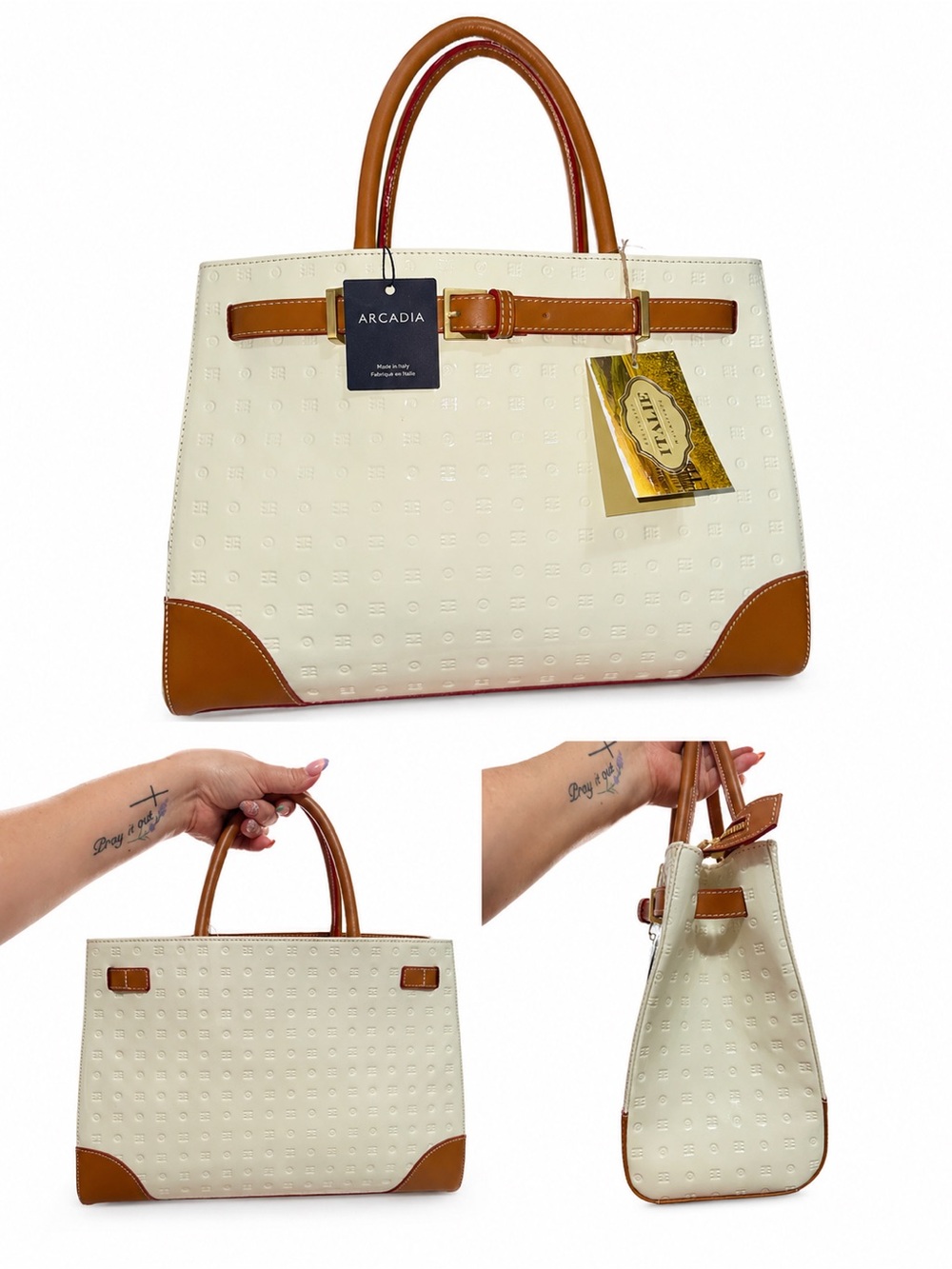Arcadia Cream Tote with Tan Leather Trim and Top Handles